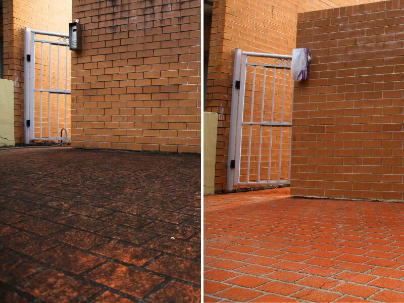Brick courtyard surface before and after cleaning in Bristol