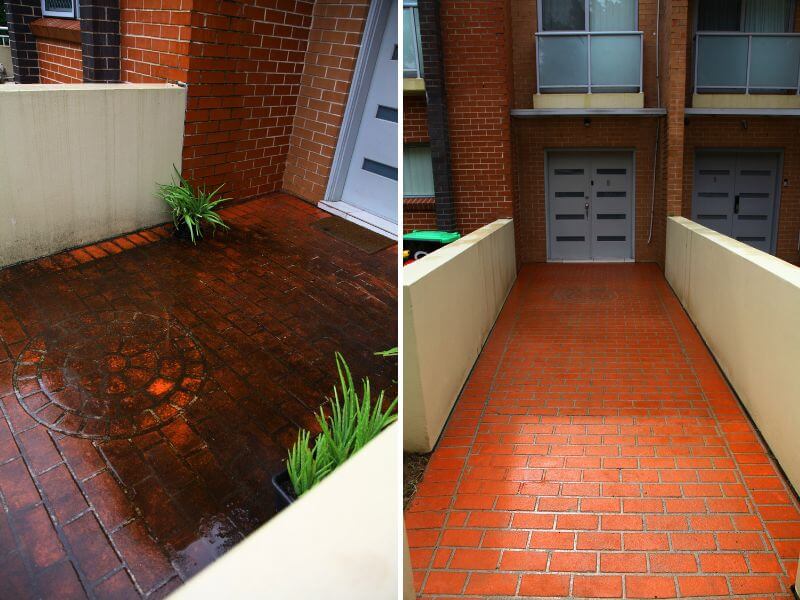 Brick entrance path before and after cleaning in Bristol