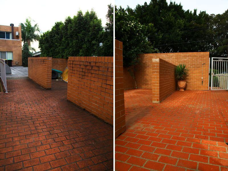 Brick wall and patio before and after cleaning in Bristol