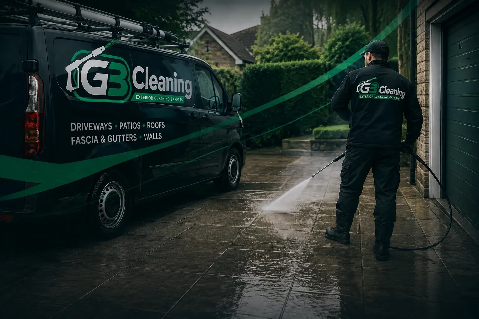 GB Cleaning team pressure washing a residential driveway in Bristol