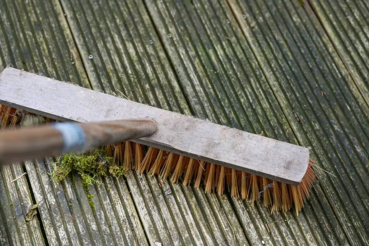Removing green algae from decking using a stiff brush